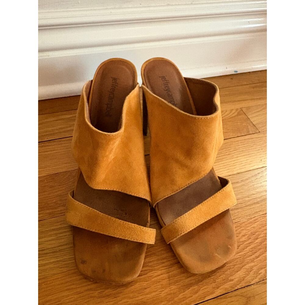 Jeffrey Campbell Tan Suede Asymmetric Wide Strap Block Heel Mule Size 8.5